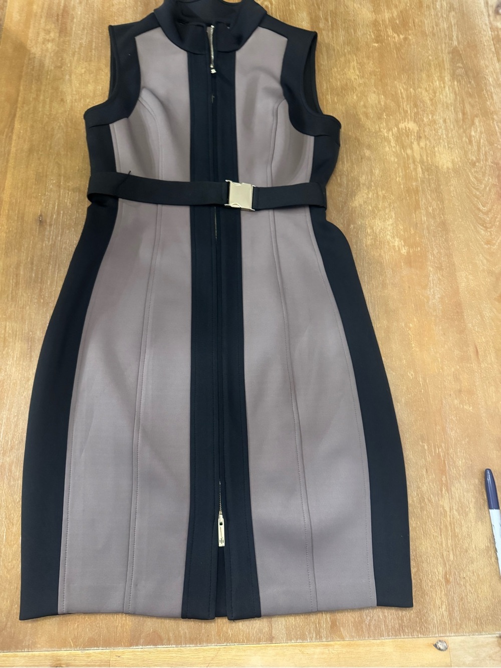 Tommy Hilfiger Taupe and Black Sleeveless Zip-Front Belted Midi Dress
